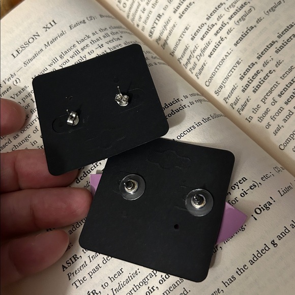 White pearlescent round earrings and lavender enamel triangle earrings BOTH - Picture 2 of 7